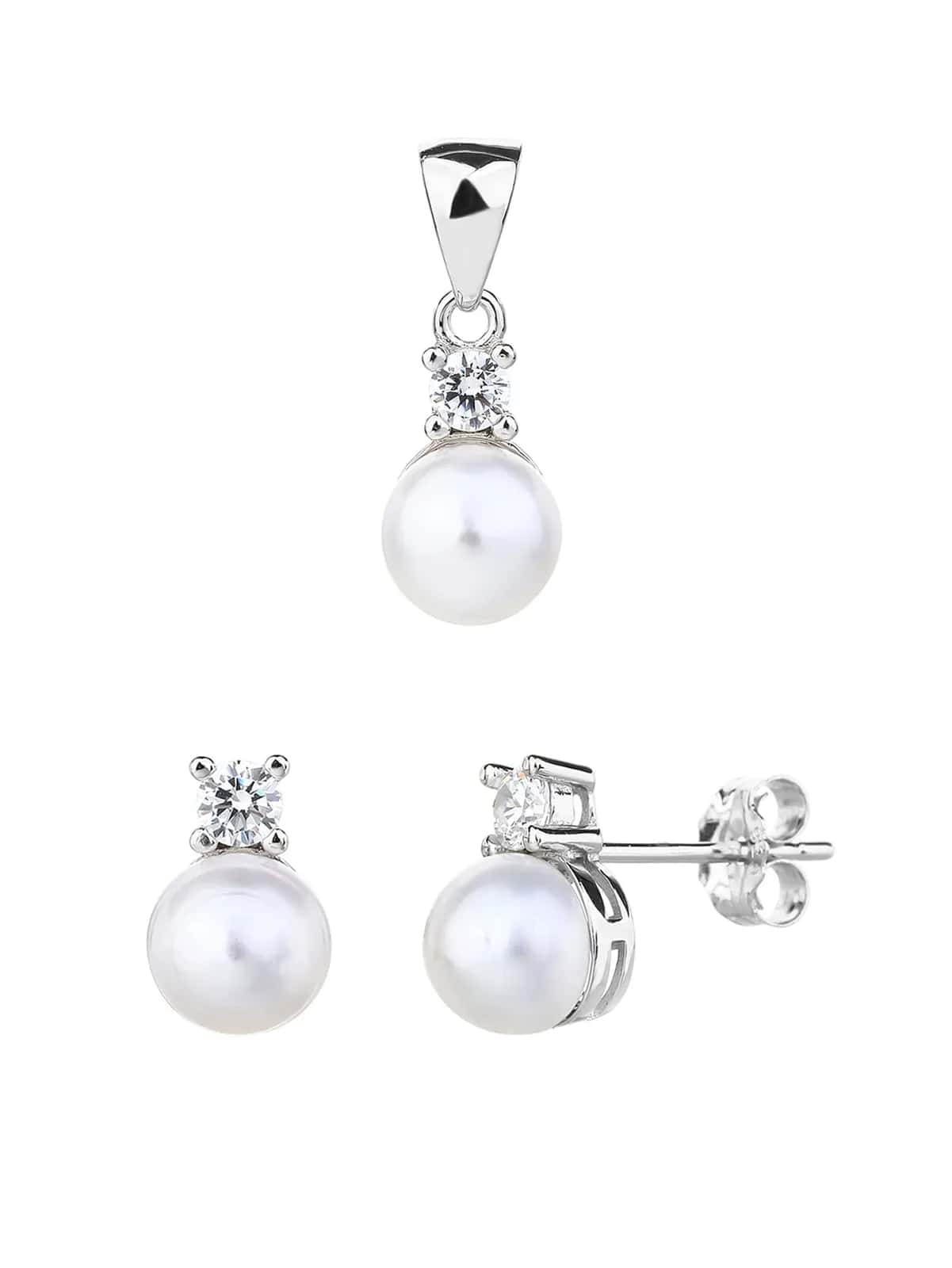Conjunto de joyas con perlas y circonitas, plata de ley 925 con baño de rodio (sin cadena)