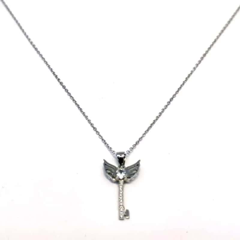 Silberne Kette mit weißem Stein Engelsflügel Schlüsselanhänger
