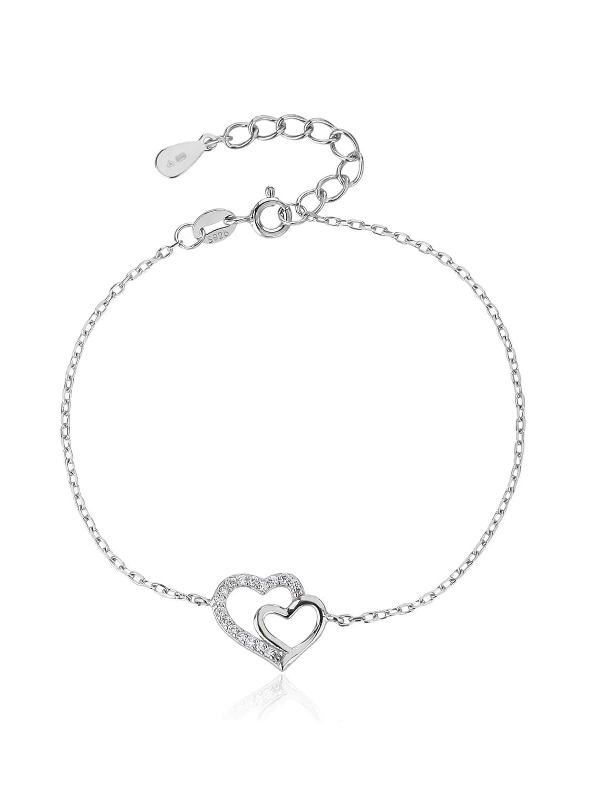 Pulsera con colgante doble corazón y circonitas, plata de ley 925 con baño de rodio (15 + 3,5 cm)