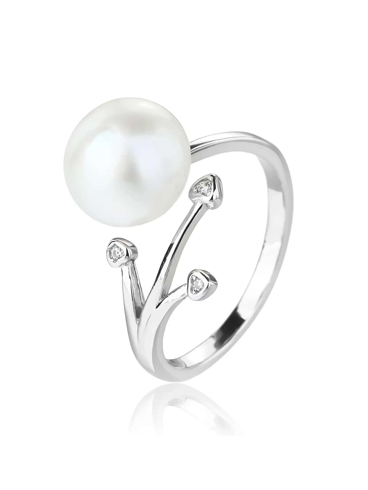 Anillo con motivo de rama, perla blanca cultivada de agua dulce y circonitas, plata de ley 925 con baño de rodio