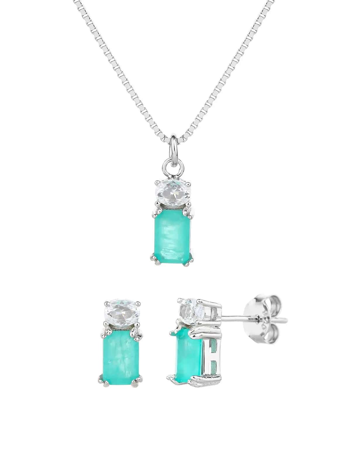 Conjunto de joyas verde menta con pendientes de botón y cadena con colgante, plata de ley 925 con baño de rodio