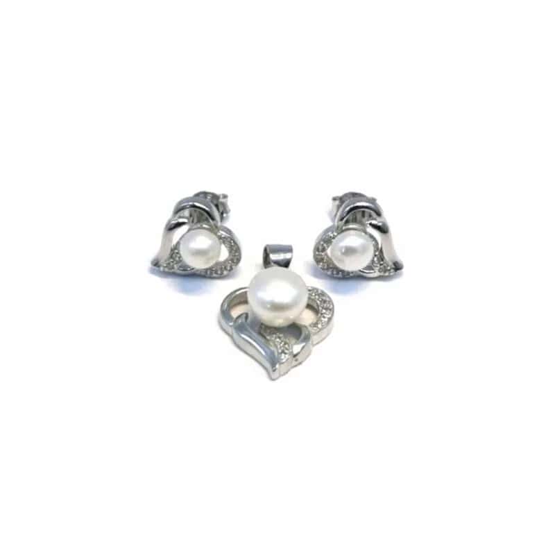 Pendientes de botón de corazón y colgante de plata con perlas y piedras blancas