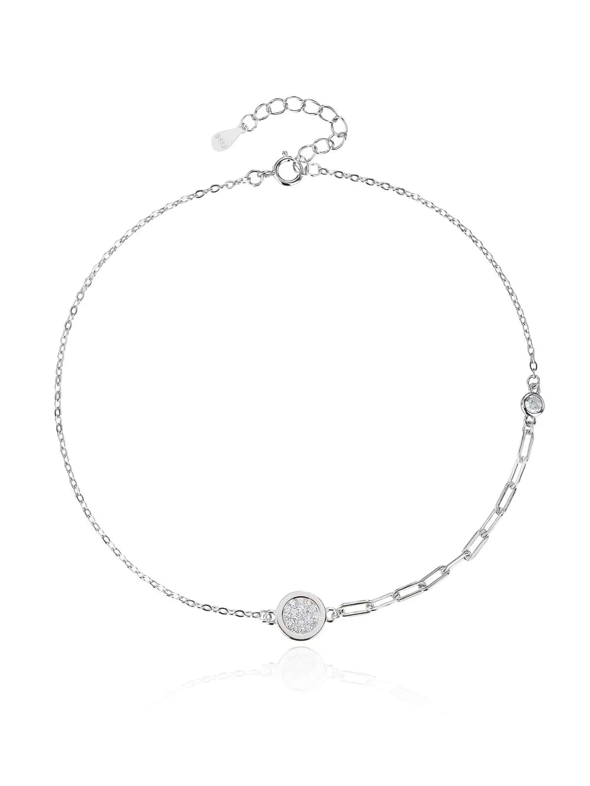 Tobillera de eslabones alargados con motivo circular y circonitas, plata de ley 925 con baño de rodio (23 + 4 cm)