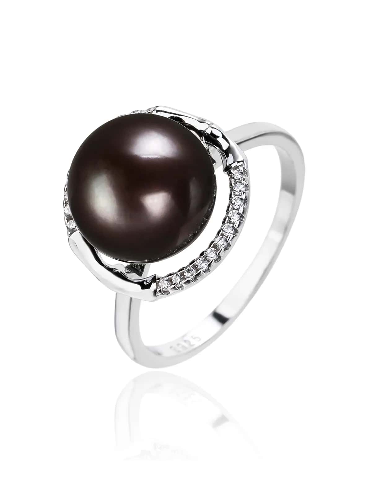 Anillo con perla negra cultivada de agua dulce y circonitas, plata de ley 925 con baño de rodio