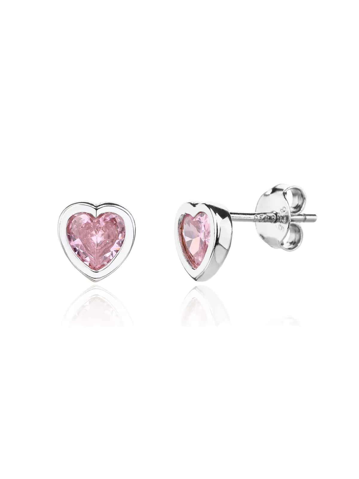 Silver and pink heart-shaped stud earrings with cubic zirconia, rhodium-plated