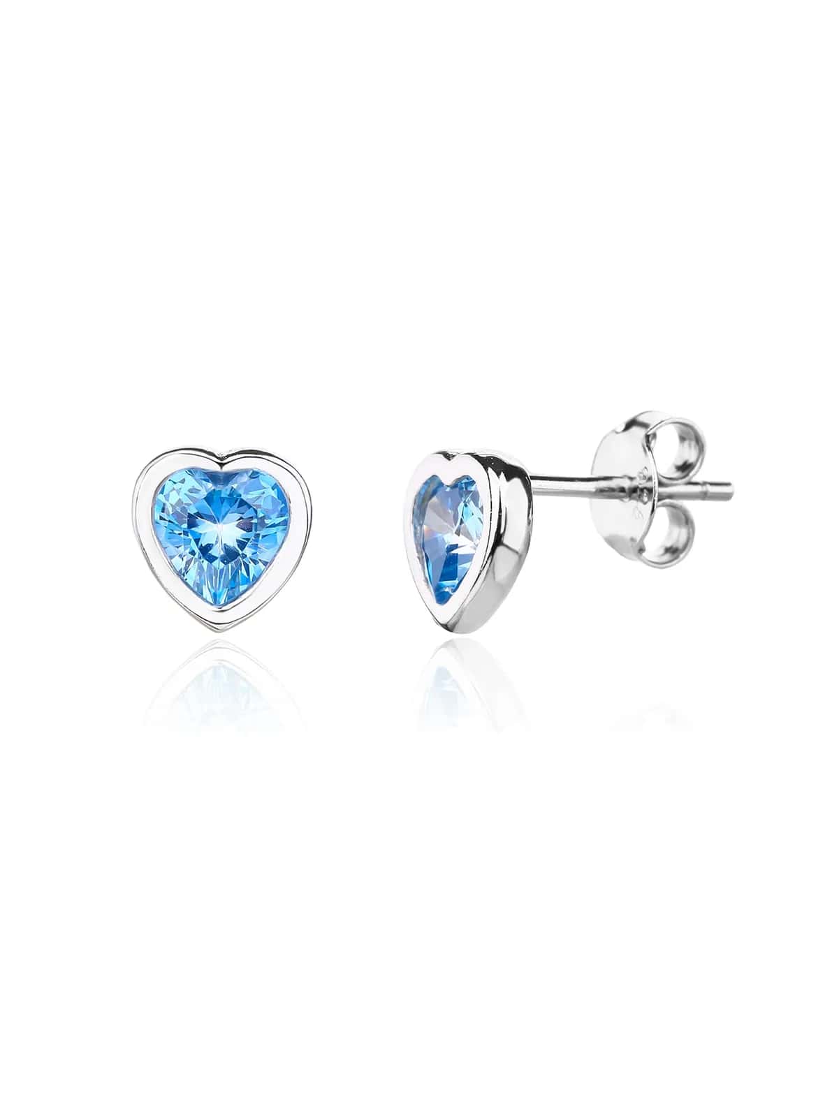 Silver heart-shaped earrings with light blue cubic zirconia stones and stud fasteners, rhodium-plated