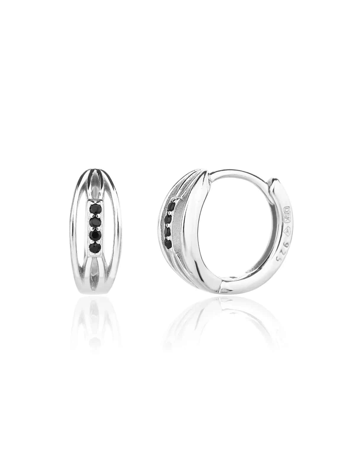 Black stone hoop earrings with a row of stones, AG 925 rhodium-plated silver (1.3 × 0.5 cm)