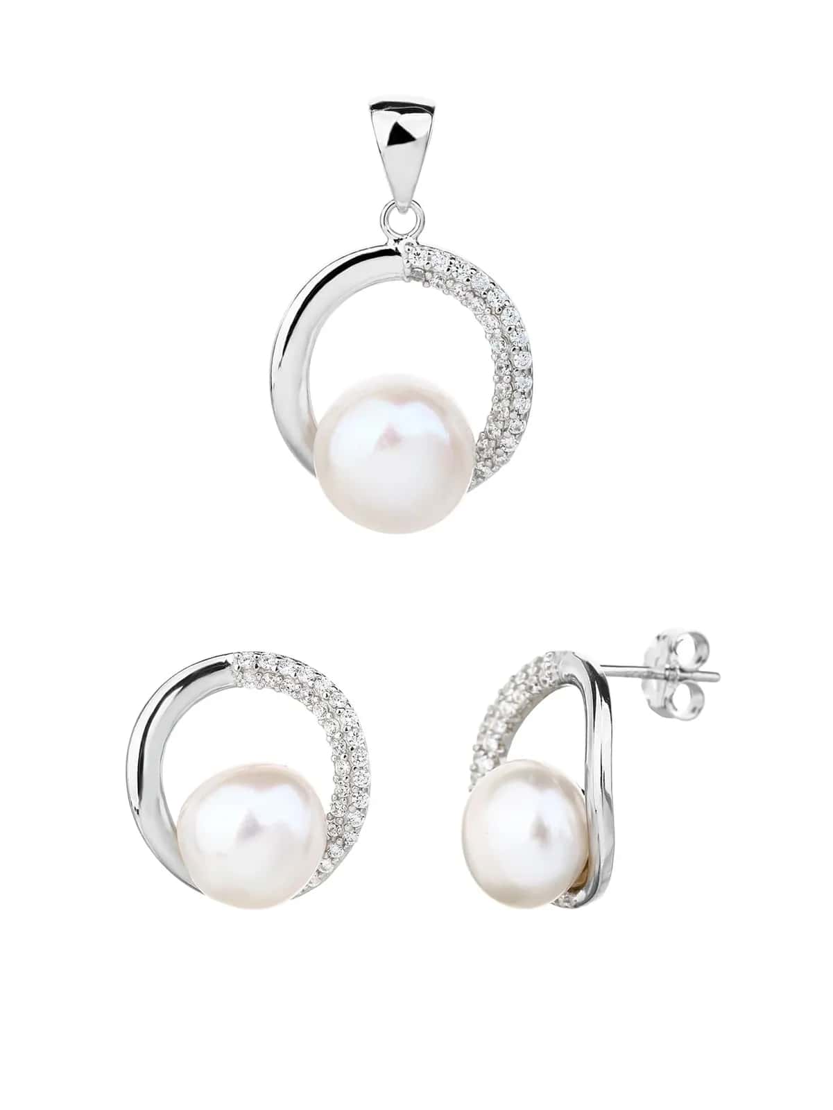 Conjunto de joyas con perlas y circonitas blancas, plata de ley 925 con baño de rodio (sin cadena)