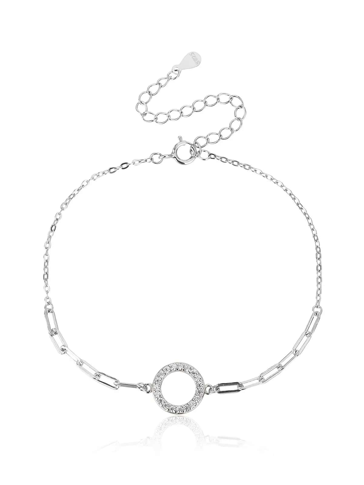 Armband mit Zirkonia-Steinen im „Glänzender Kreis“-Motiv, mit länglichen Gliedern, aus rhodiniertem 925er Silber (17 + 6 cm)