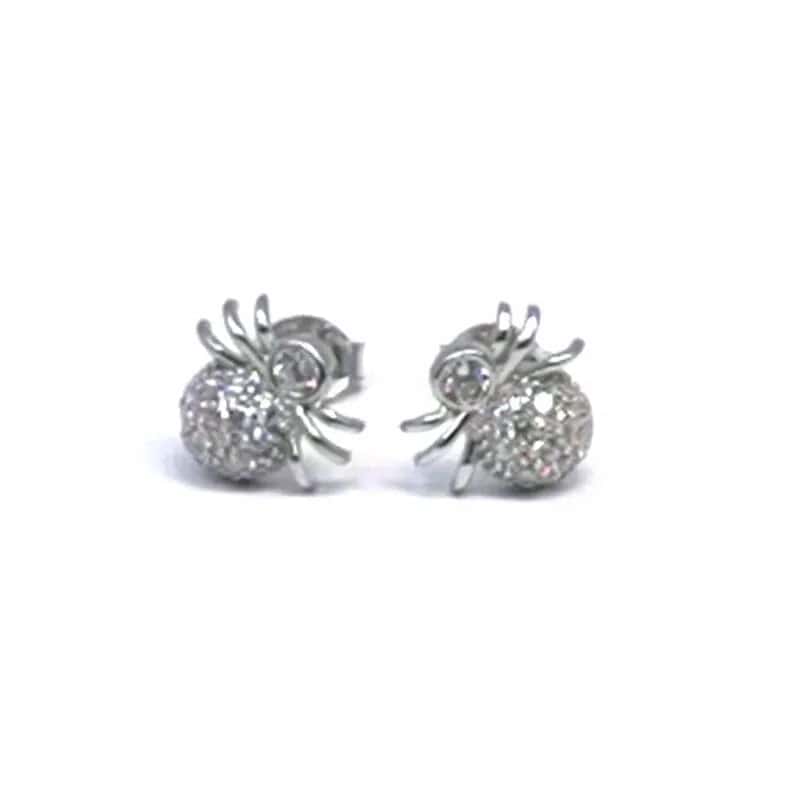 Silver white stone spider earrings
