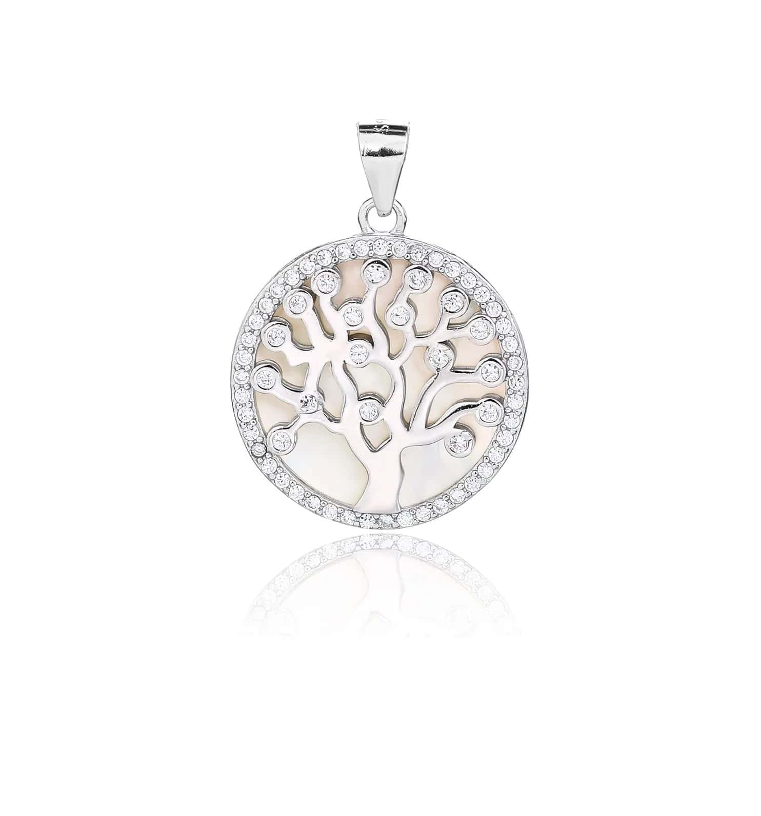 Silver pendant Tree of Life motif with zirconia decoration and mother of pearl inlay