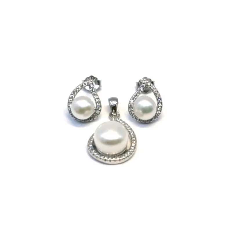 Pendientes de botón y colgante de plata con perlas y piedras blancas