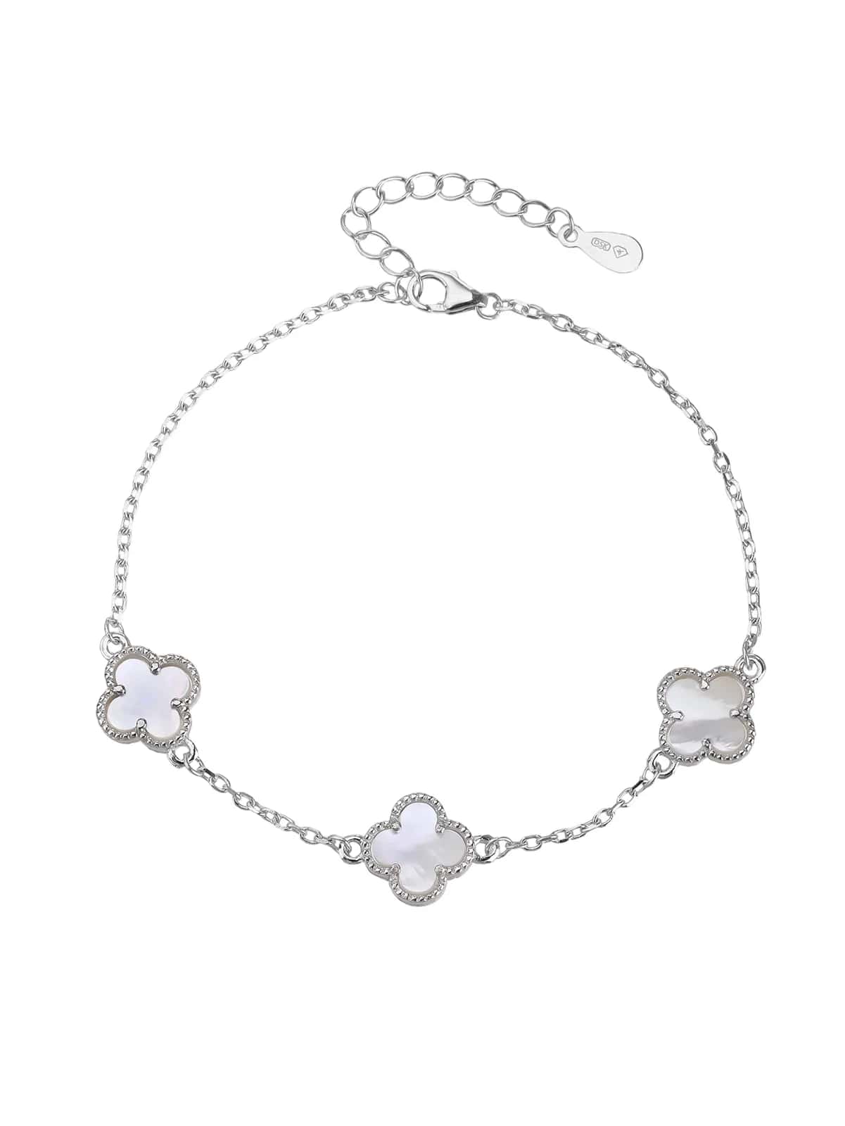 Armband mit vierblättrigem Kleeblatt-Motiv und Einlagen aus silbernem Perlmutt, mit drei Kleeblättern, rhodiniert
