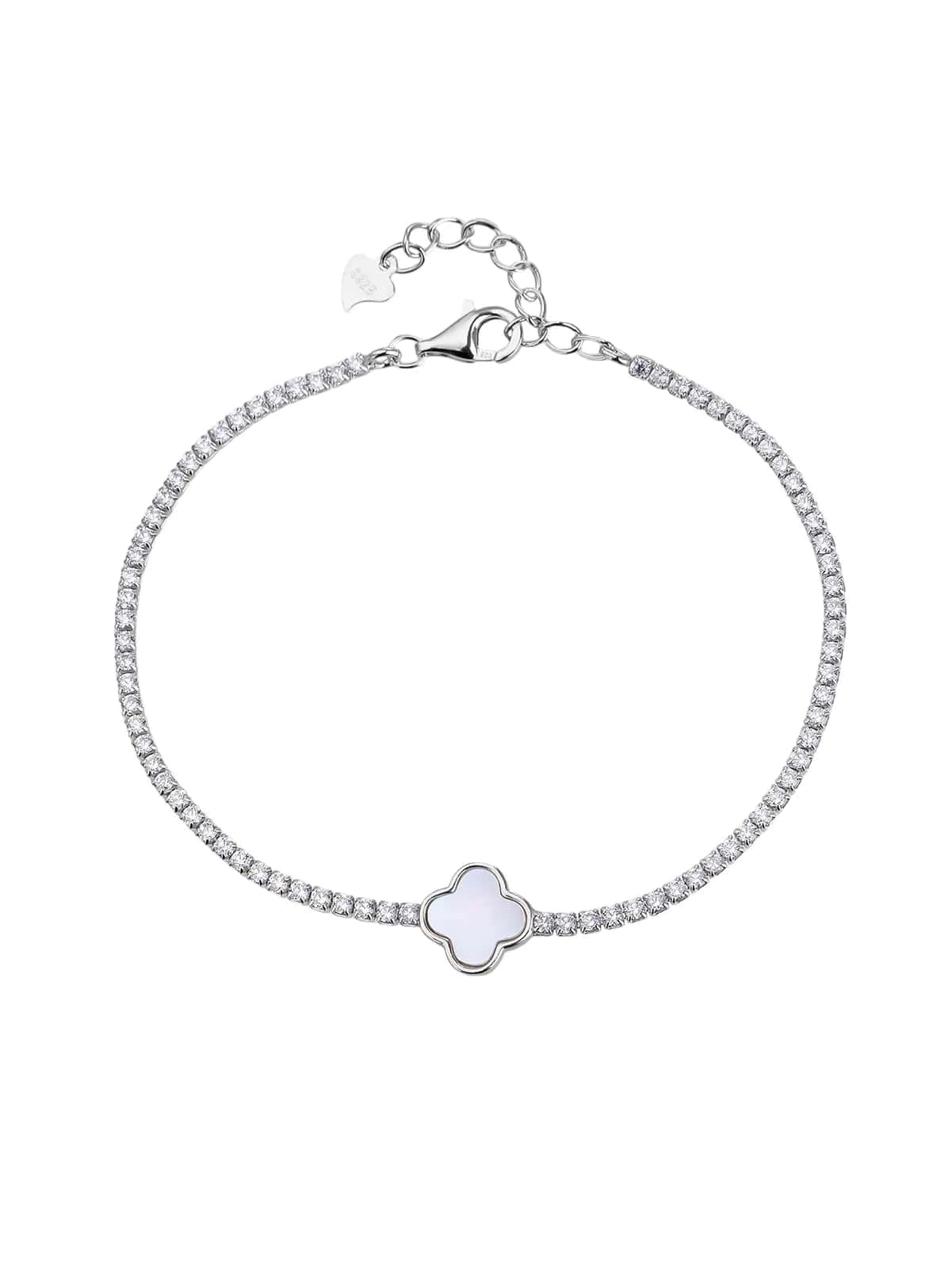 Tennisarmband aus 925er Silber mit vierblättrigem Kleeblatt, mit natürlichem Perlmutt und Rhodiumbeschichtung